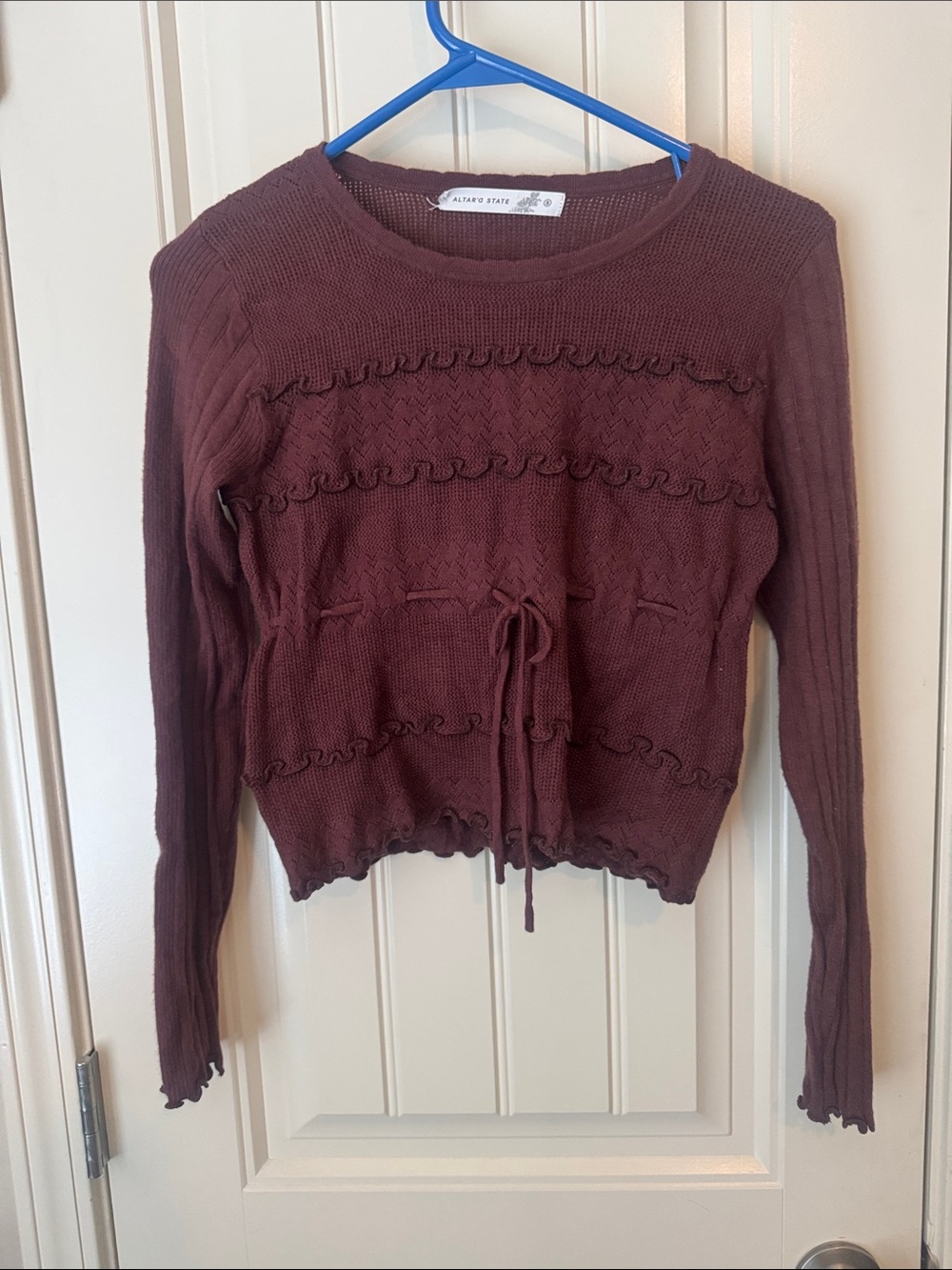 Altar'd State Maroon Ruffle Drawstring Knit Sweater Top